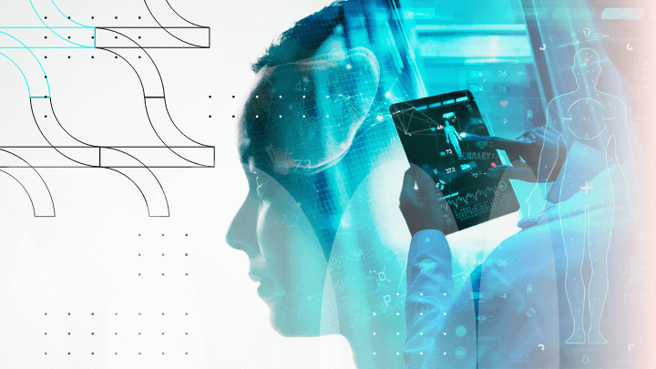 Doctor using a tablet with data in front of a hologram of a human head.