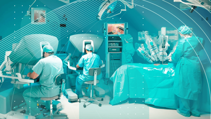 Robotic surgery with a team of doctors using a Da Vinci machine.