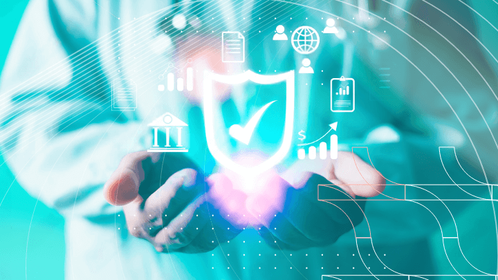 Doctor’s hands holding symbols representing security, data, and healthcare finance.