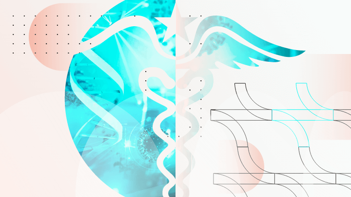 Abstract image with medical symbols and a caduceus.