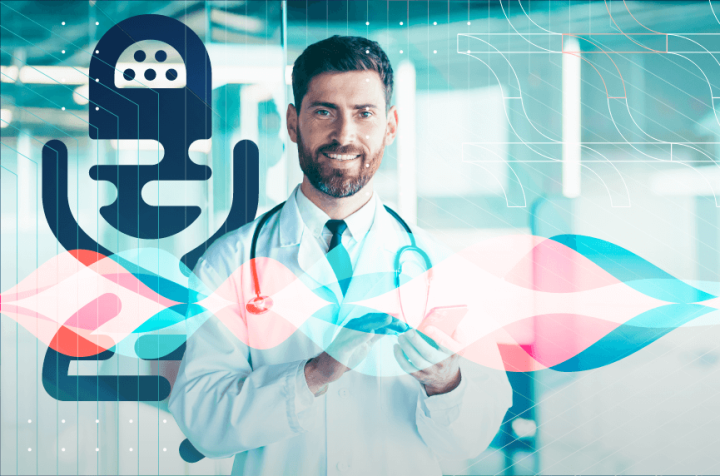 Smiling doctor with a phone and stethoscope, surrounded by audio icons.