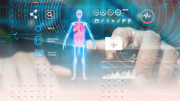 Virtual screen with 3D human model and medical data.