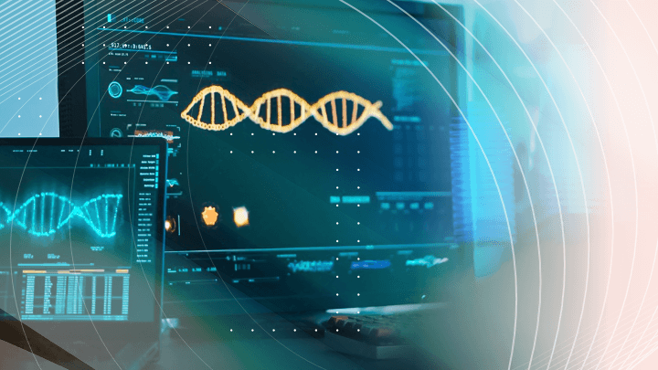 Monitors showing DNA structure and medical data.