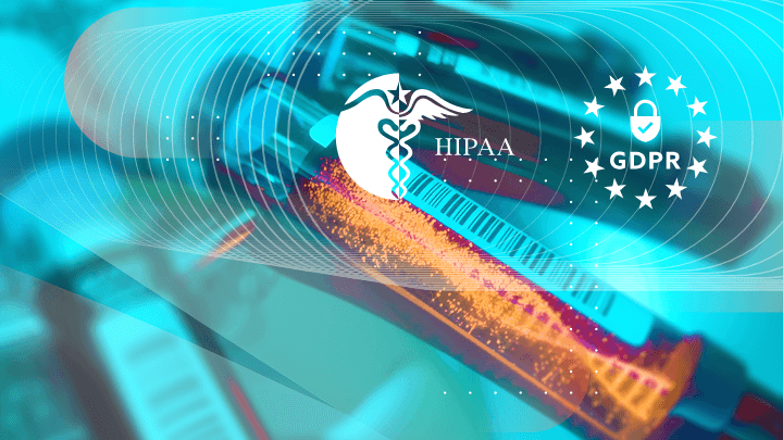 Logos of HIPAA and GDPR displayed over a background of blood-filled test tubes.