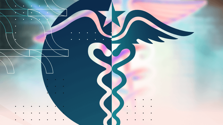 Caduceus logo displayed over medical data background.