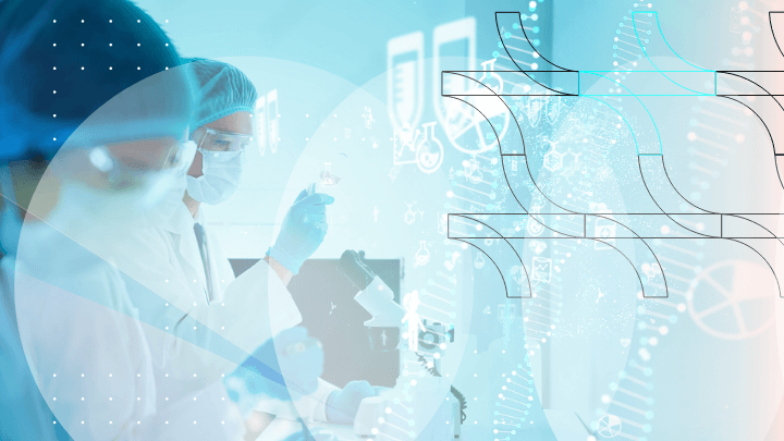 Two scientists in a lab with a microscope against a background of a DNA structure.