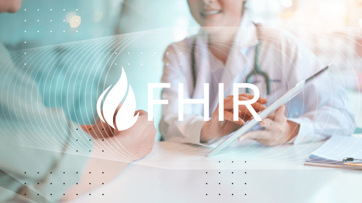 Doctor and patient discussing data on a tablet, with the FHIR logo in the foreground.