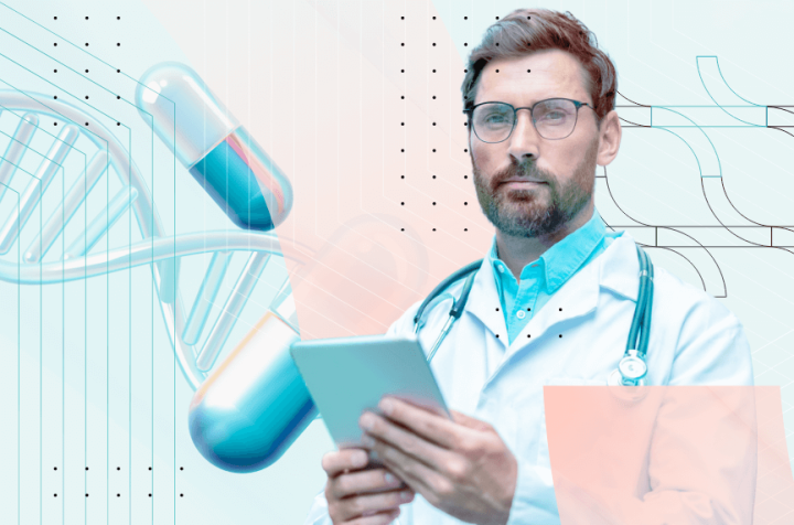 Doctor with glasses and headset holding a tablet against a background of DNA strands and capsules.