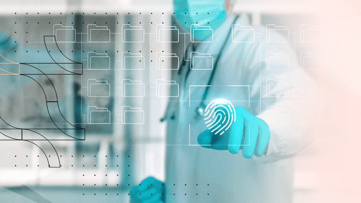 Masked doctor touching a virtual screen with fingerprint and folders.