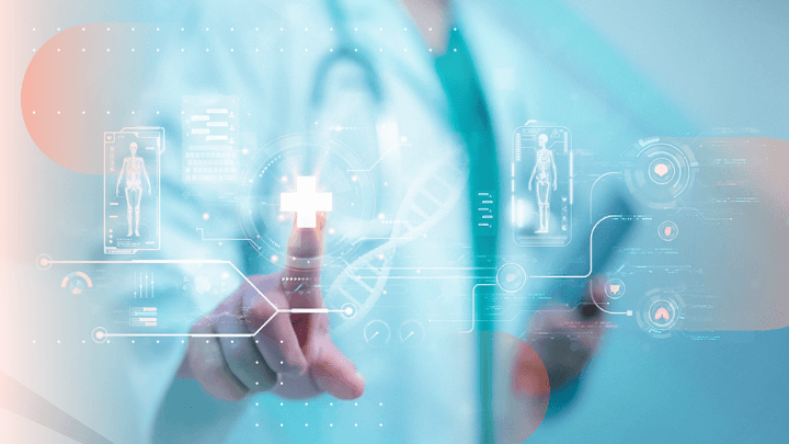 Hand touching a virtual screen with medical data and symbols.