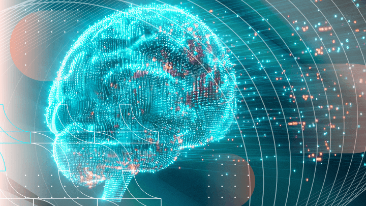 Futuristic image of a human brain made of glowing dots.