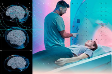 MRI scan of the brain with a patient and a doctor.