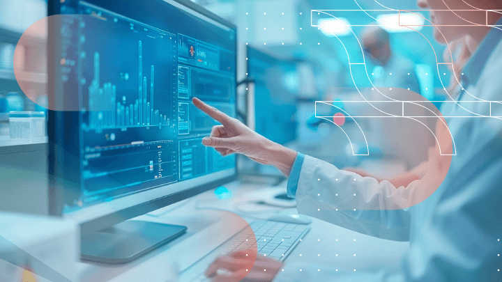 Scientist touching a screen with analysis data in a laboratory setting.