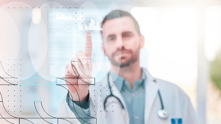 Young doctor touching a virtual screen with charts and data.