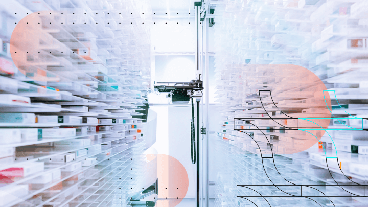 Automated robot moving between shelves with medicines in a pharmacy.
