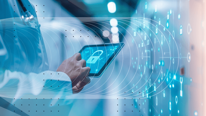 Doctor holding a tablet with a lock symbol, indicating data security.