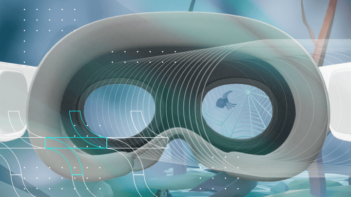 VR headset displaying a spider in a web, exploring a virtual environment.