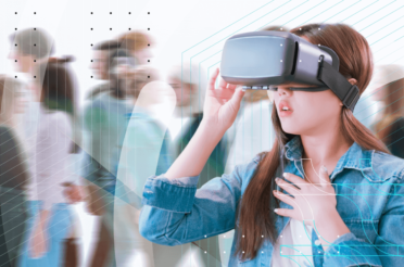 Young woman using VR headset, symbolizing innovation and technology.
