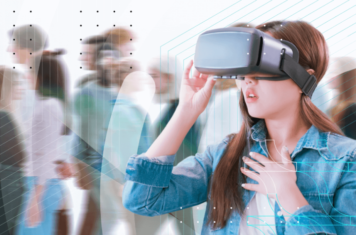 Young woman using VR headset, symbolizing innovation and technology.