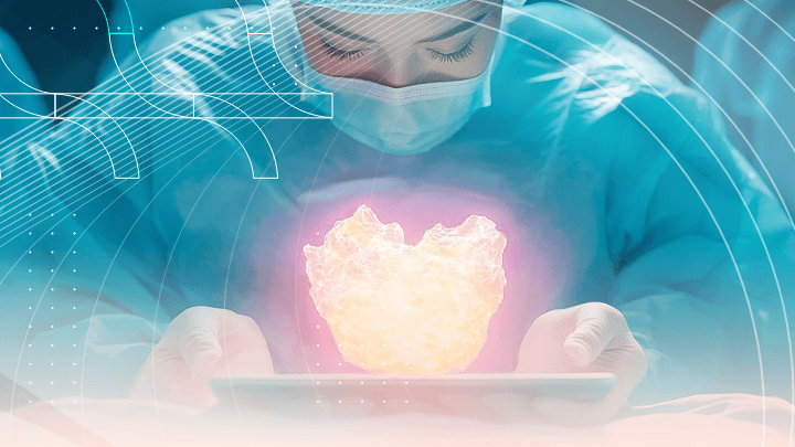 Surgeon performing an operation with a 3D organ visible on a tablet.