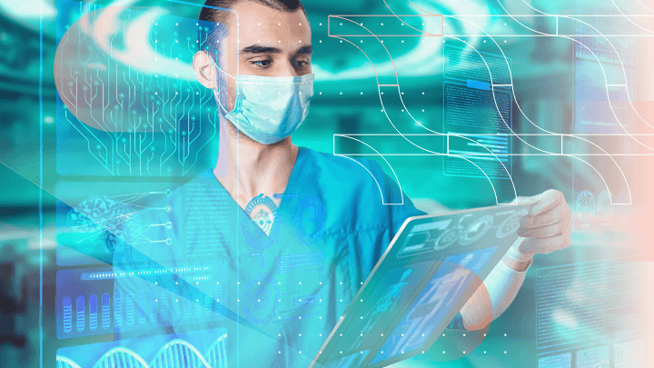 Masked doctor reviewing holographic medical data and information.