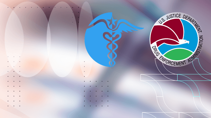 Caduceus symbol and DEA (Drug Enforcement Administration) logo.