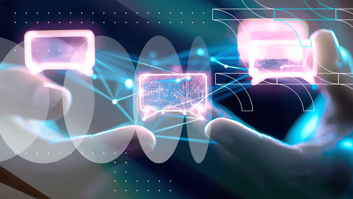 Hands holding holographic message icons, symbolizing communication.