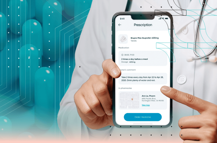 Hand holding a smartphone displaying an electronic prescription for medication