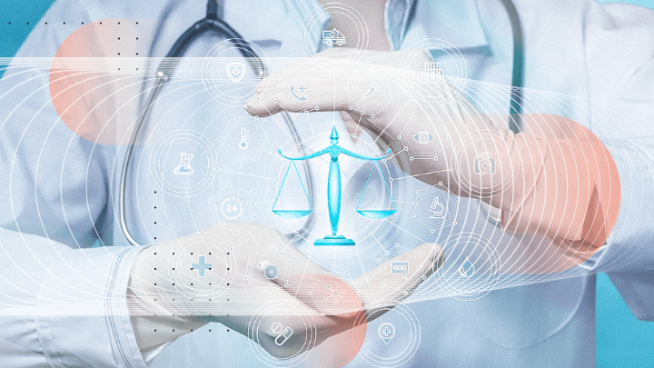 A doctor wearing a stethoscope holds their hands in a protective gesture around a scale, symbolizing justice.