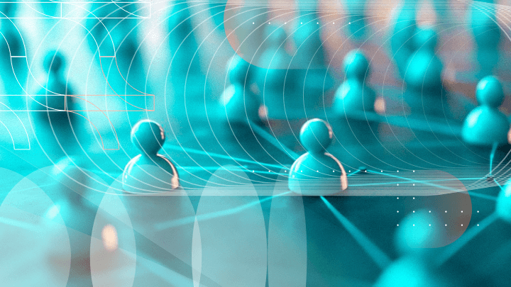 Miniature figurines connected by lines, symbolizing network connections and community.