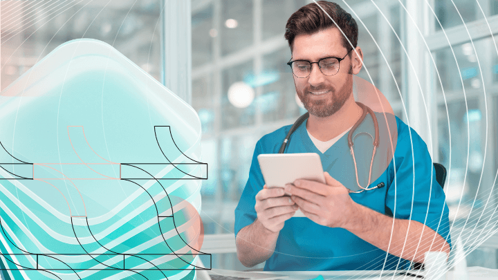 Smiling doctor using a tablet in a modern office, symbolizing digital solutions in medicine.