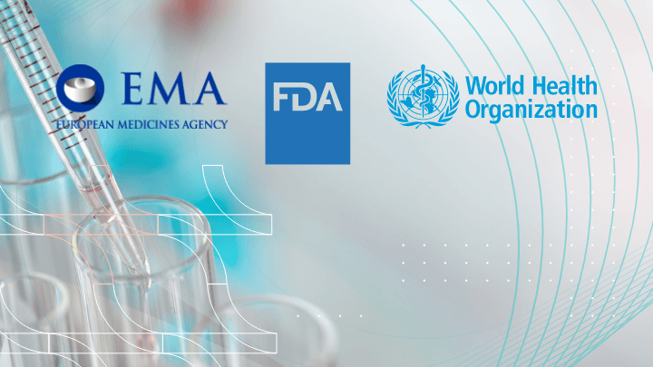 Image of the EMA, FDA, and World Health Organization (WHO) logos with a laboratory pipette.