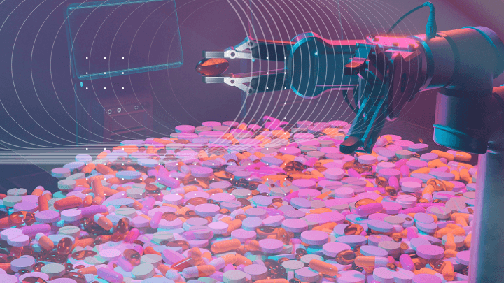 Robotic hand picking a capsule from a pile of pills, demonstrating automation in pharmacy.