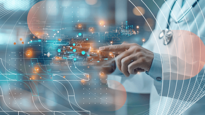 Doctor touching a holographic screen with medical data, symbolizing digital technologies.