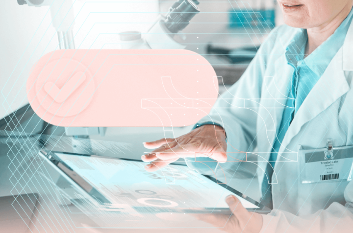 Woman scientist working with a holographic tablet in a laboratory.