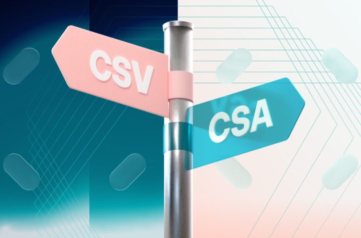Road sign with two panels: CSV and CSA, pointing in different directions.