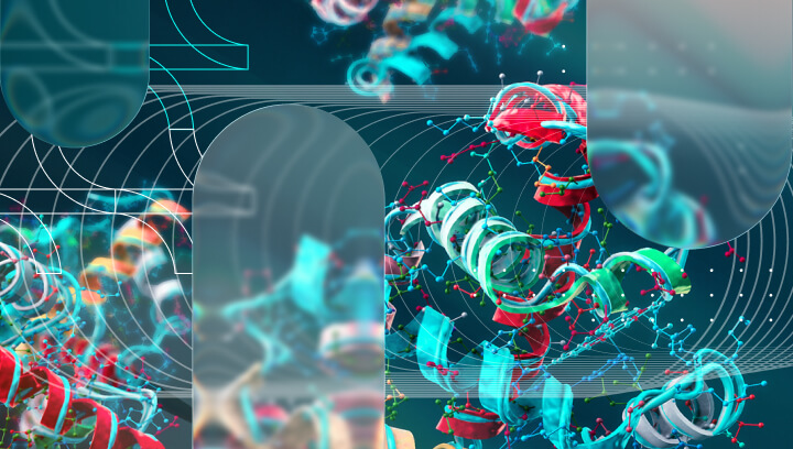 Abstract visualization of protein chains and molecular structures.