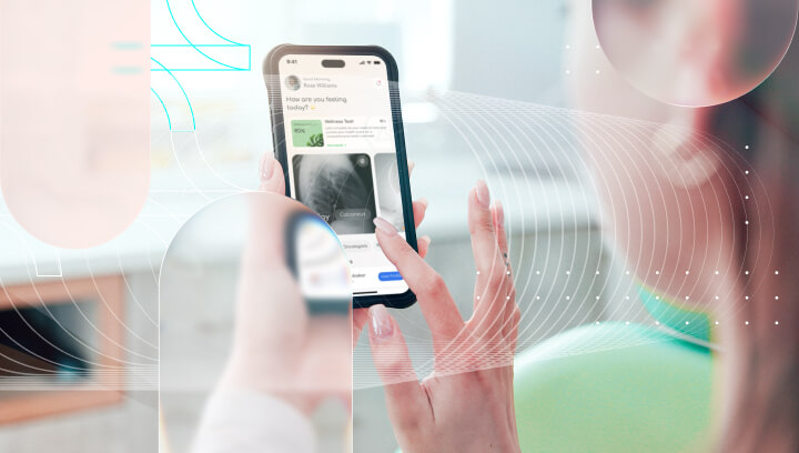 A patient uses a smartphone and a blood pressure monitor for digital eCOA reporting.