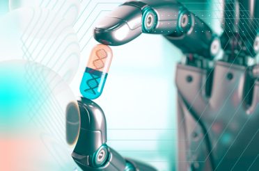 A robotic arm holding a capsule with a DNA image.