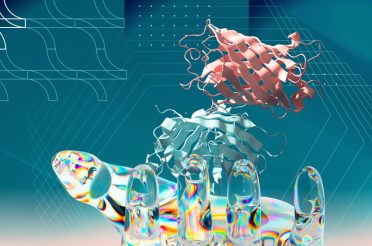 3D visualization of de novo protein structures above a transparent digital hand.