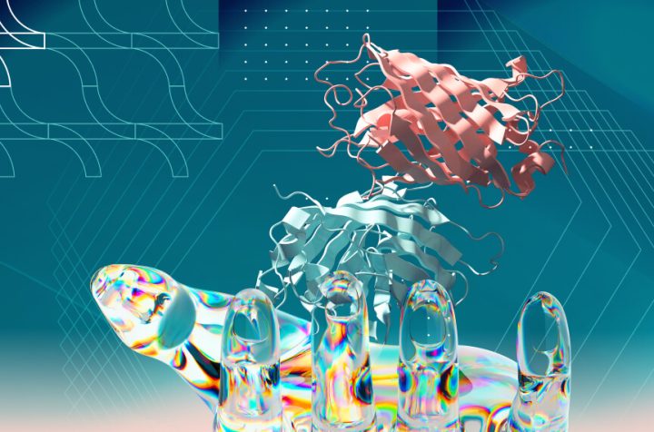 3D visualization of de novo protein structures above a transparent digital hand.