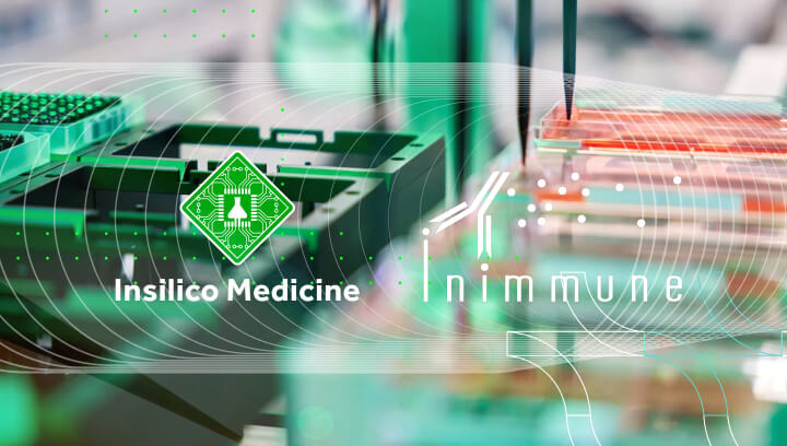The Insilico Medicine and Inimmune logos overlaid on a modern biotechnology laboratory background.