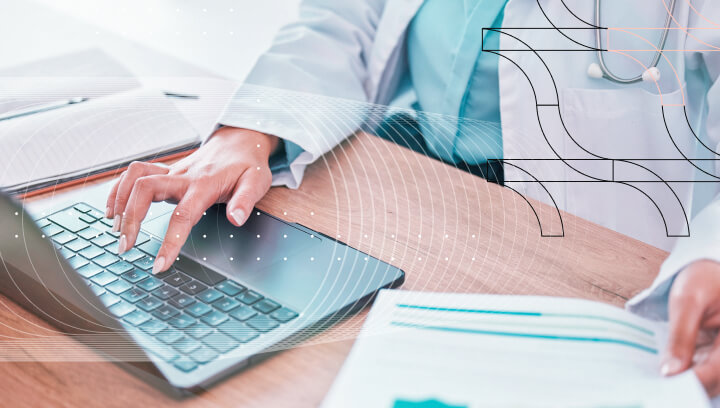 Medical professional working on a laptop with graphic elements illustrating steps in root cause analysis (RCA).
