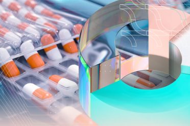 Abstract 3D visualization over pharmaceutical blister packs with capsules, representing technological analysis.