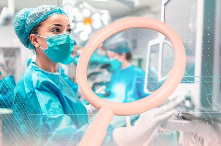Surgeon in an operating room under a magnifying glass, symbolizing detailed investigation and RCA diagnostics.
