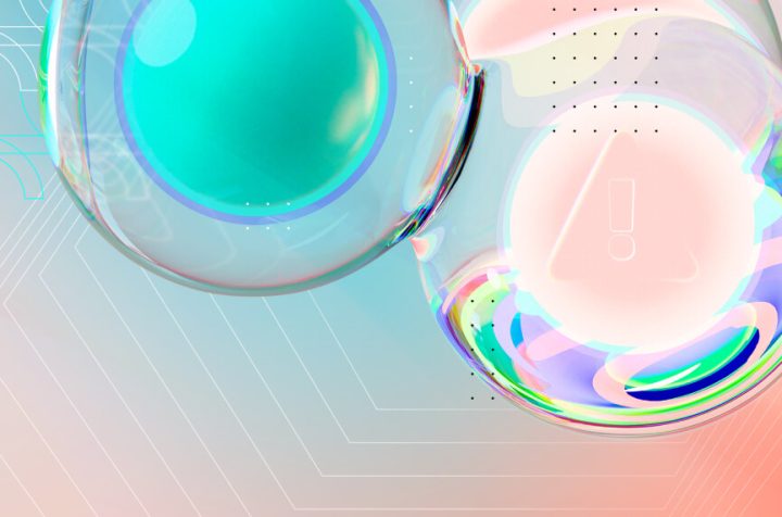 Abstract 3D rendering of iridescent glass spheres on a soft pastel background with circuit-pattern lines, representing the complexity and precision of biopharmaceutical manufacturing