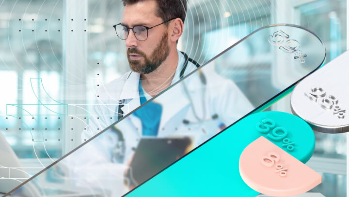 Medical doctor with stethoscope reviewing clinical software with interactive bar and pie charts for data visualization.