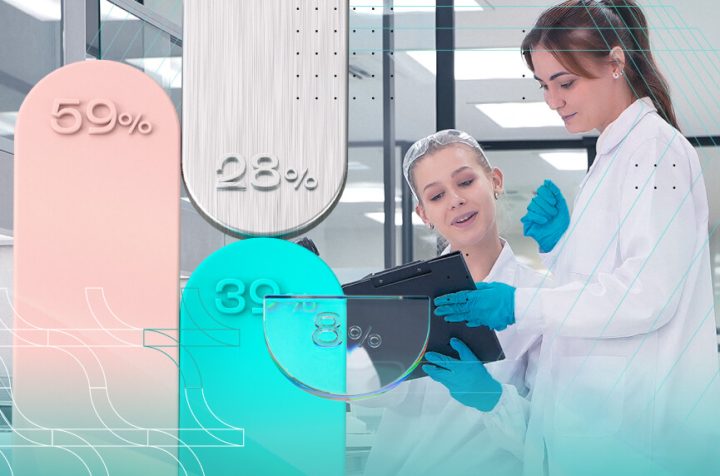 Two laboratory researchers in white coats analyzing clinical trial data with 3D charts and percentages.