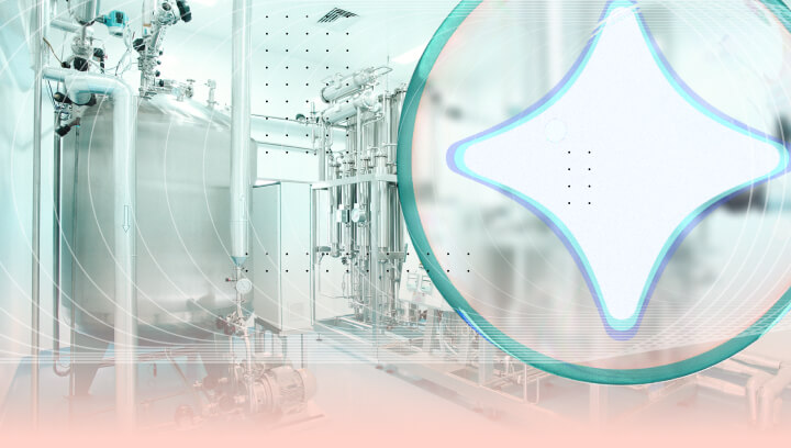 Modern pharmaceutical manufacturing facility with an Agentic AI digital overlay interface for smart production monitoring.